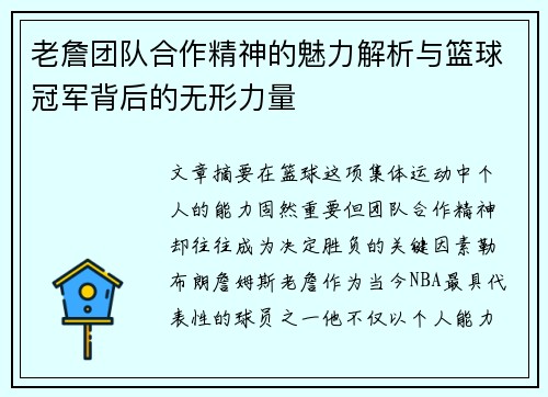 老詹团队合作精神的魅力解析与篮球冠军背后的无形力量
